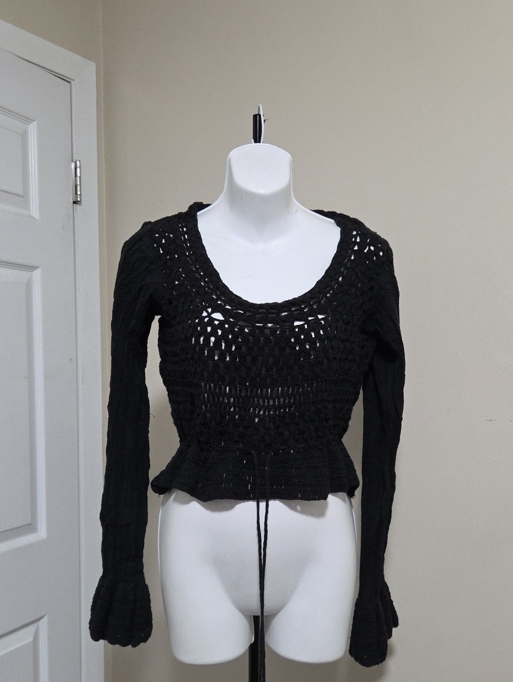 Free People Black Crochet Open-Back Long Sleeve Top